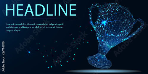 trophy cup. Low poly wireframe style. Vector.  Banner. Abstract image of a starry sky or space, consisting of points, lines, n the form of stars and the universe. Low poly vector