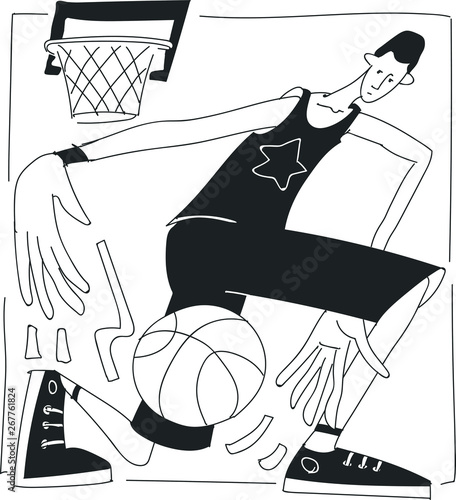 Streetball player with ball and basket on background. Simple lineart vector illustration.
