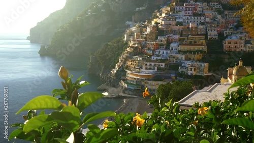 Steadicam shot of beautiful colorful houses on Amalfi coast in Positano village in Campania, Italy. 4K photo