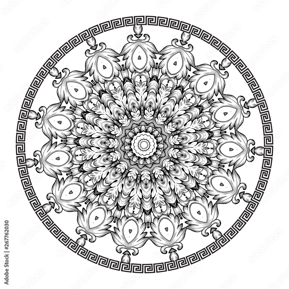 Baroque vector black and white round mandala pattern. Ornamental floral  background with circle greek frame.  Vintage flowers, leaves. Greek key meanders mandala ornament. Geometric ornate design