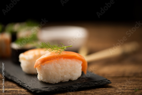 Traditional Japanese sushi on a plate