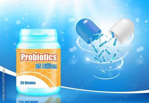Probiotics ad, vector poster banner design template