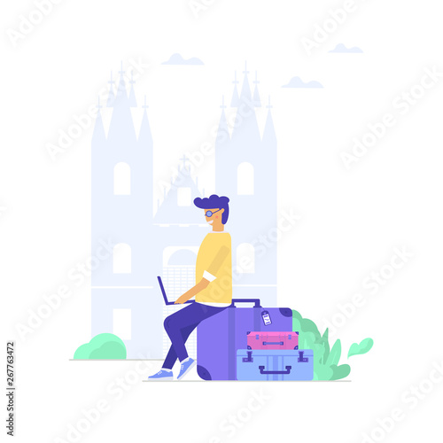 Young man with laptop, bag and baggage. Travel and tourism concept for website template