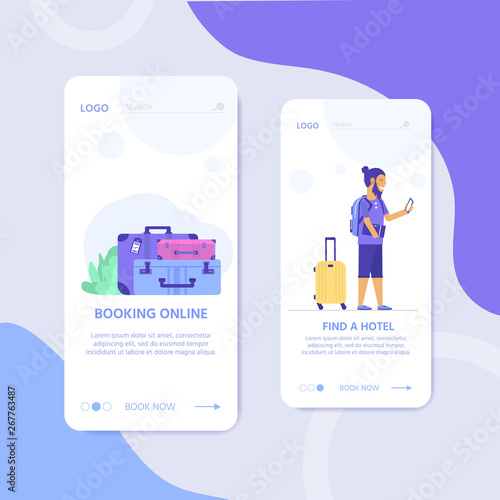 Young man with laptop, bag and baggage. Travel and tourism concept for website template, online booking reservation, landing page, banner