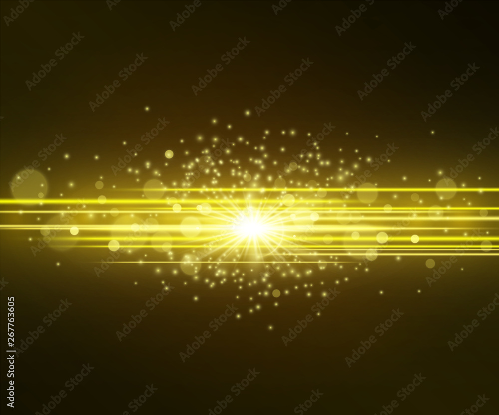 Laser golden glow vector stream. Motion effect light explosion with glitter  sparks on dark background. Light energy shot illustration for modern hi-tech  design. Power neon flow of high speed particles Stock Vector