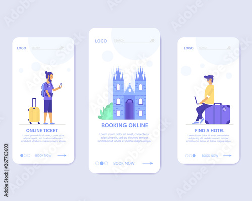 Young man with laptop, bag and baggage. Travel and tourism concept for website template, online booking