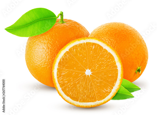 two oranges with leaf and cut half isolated on white background