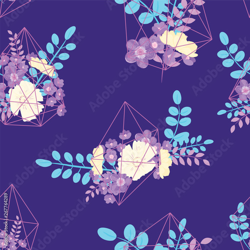 Creative card with geometric contour crystal and a bouquet of flowers. Vector flower illustration