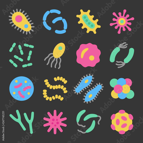 Bacteria, microbe, virus colorful vector icon set. Microscopic bacterium and bacillus collection, isolated on dark background