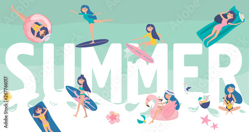 llustration with huge Summer lettering with girls surfing, swimming and spending time on the beach. Editable vector illustration
