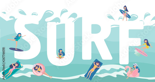 llustration with huge Surf lettering with girls surfing, swimming and spending time on the beach. Editable vector illustration