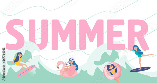 llustration with huge Summer lettering with girls surfing, swimming and spending time on the beach. Editable vector illustration