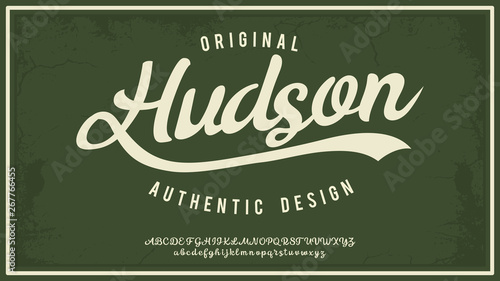 Hudsone. Hand made script typeface. Vintage brush script. Retro vector illustration. Print for clothes.