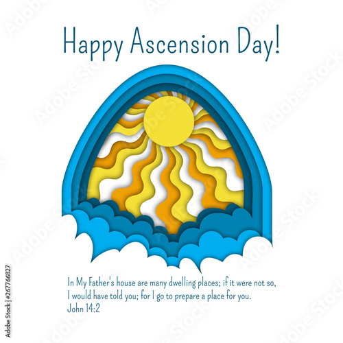 Happy Ascension Day of Jesus greeting card template with Bible quote, clouds and sun rays.