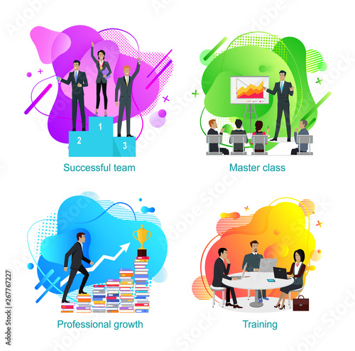 Personal growth and master class vector, business meeting of people dealing with project issue. Man walking up on books development and achievement