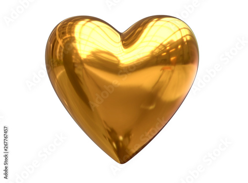 3D Render of metalic golden heart shape isolated on white