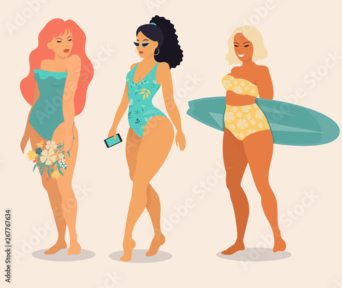 Vector cartoon girls in swimsuits, beach season