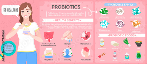 Probiotics poster vector, special food and ingredients tempeh and bow, kombucha and kimchi, kefir and yogurt, multicolor probiotic icons, pickles and miso for weight loss immunity photo