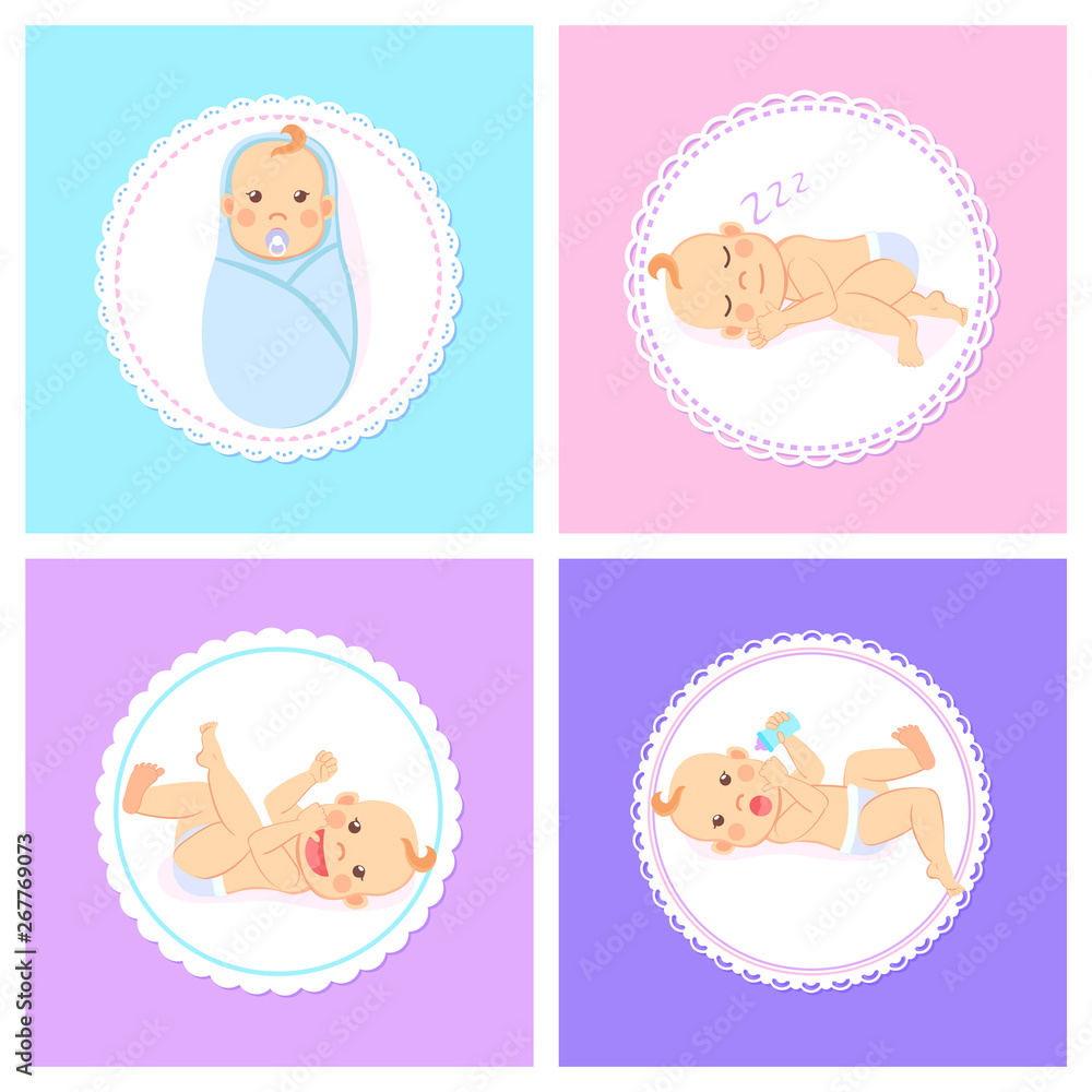 Baby milestones from 1 to 6 months greeting cards. Vector swaddled child, sleeping in diaper, lying on back and playing, drinking milk from bottle Baby milestones from 1 to 6 months greeting cards. Vector swaddled child, sleeping in diaper, lying on back and playing, drinking milk from bottle