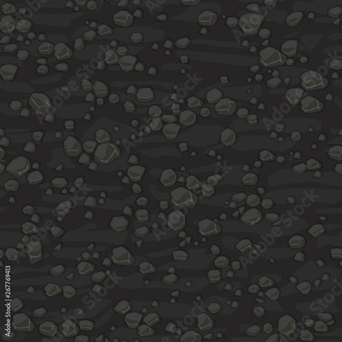 Cartoon seamless texture ground with small stones for concept design. Cute seamless pattern dark grey stone. Seamless vector texture. Stones on separate layers.