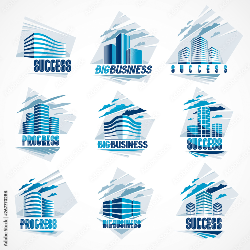 Obraz premium Office buildings set, modern architecture vector illustrations collection. Real estate realty business center designs. 3D futuristic facades in big city. Can be used as a logos or icons.
