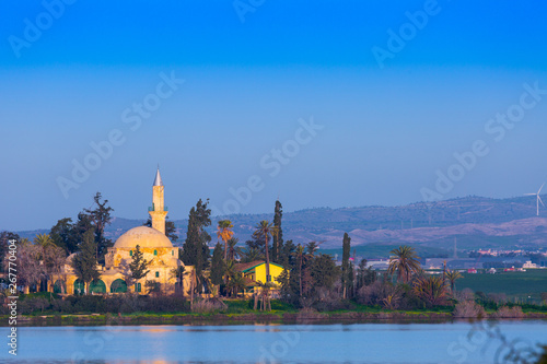 The ancient Hala Sultan Tekke or Mosque of Umm Haram in the Islamic religion is a Muslim shrine. Salt lake in Larnaca. Cyprus.