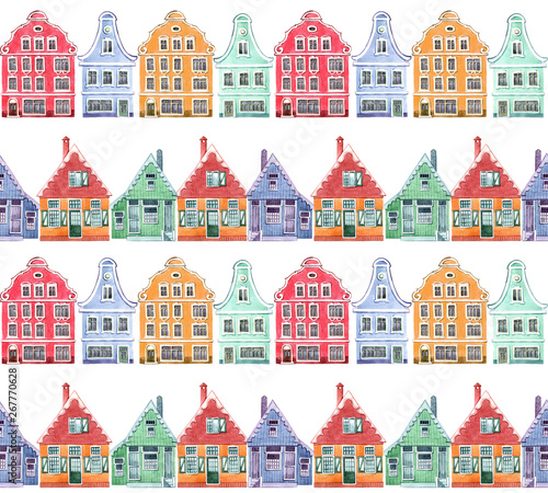 Watercolor seamless pattern with colorful house. Houses from the Dutch village.  Hand drawn illustration.