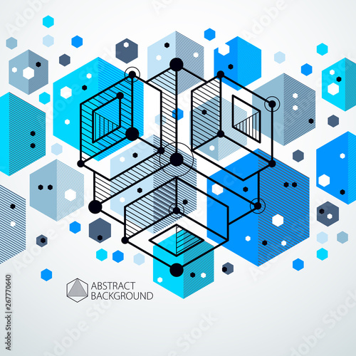 Technical blueprint  vector blue digital background with geometric design elements  cubes. Engineering technological wallpaper made with honeycombs.