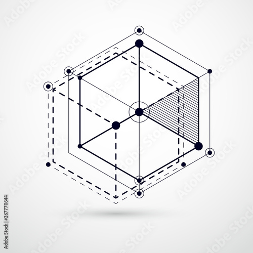Technical blueprint, vector black and white digital background with geometric design elements, cubes. Engineering technological wallpaper made with honeycombs. © Sylverarts