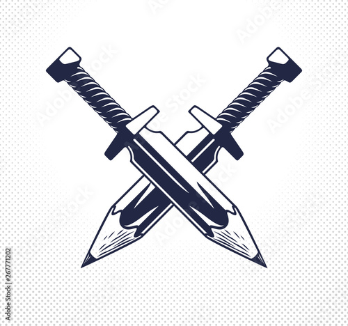 Idea is a weapon concept, weapon of a designer or artist allegory shown as two crossed swords with pencils instead of blades, creative power, vector logo or icon.