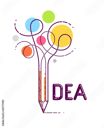 Idea word with pencil instead of letter I, creativity and brainstorm concept, vector conceptual creative logo or poster made with special font.