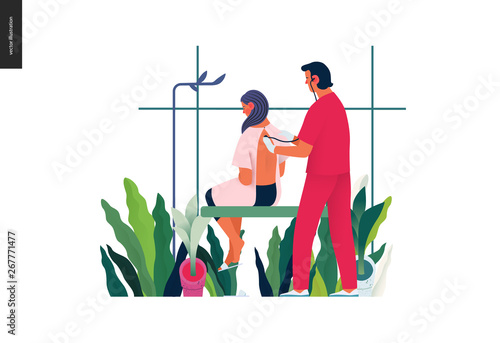 Medical tests template - auscultation - modern flat vector concept digital illustration of stethoscope examination procedure - patient and doctor carrying out procedure, medical office or laboratory