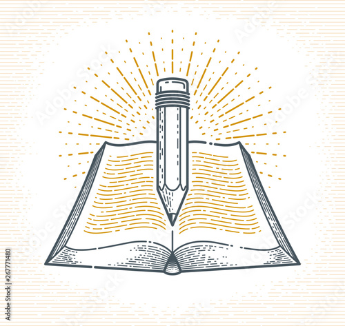 Vintage book and pencil education or science knowledge concept, educational or scientific literature library vector logo or emblem.