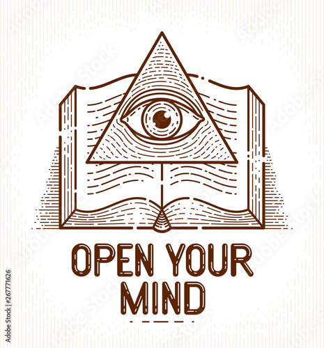 Secret knowledge vintage open book with all seeing eye of god in sacred geometry triangle, insight and enlightenment, masonry or illuminati symbol, vector logo or emblem design element.