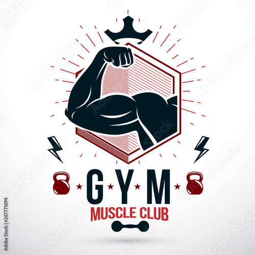 Graphic vector sign created with strong athlete biceps arm, royal crown and kettle bell sport equipment. Bodybuilding weightlifting gym emblem, sport club