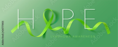 Lymphoma Awareness Calligraphy Poster Design. Realistic Lime Green Ribbon. September is Cancer Awareness Month. Vector