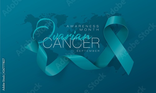 Ovarian Cancer Awareness Calligraphy Poster Design. Realistic Teal Ribbon. September is Cancer Awareness Month. Vector