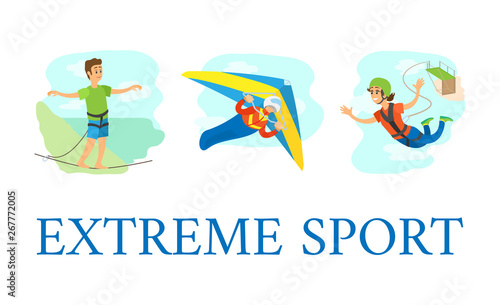 Extreme sport vector, people hobby set, bungee jumping and hang gliding, highlining male and female. Woman with special equipment, man glider set
