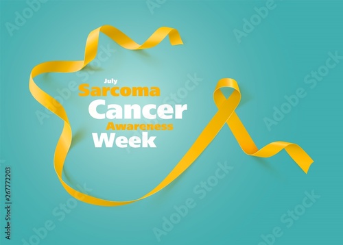 Sarcoma and Bone Cancer Awareness Calligraphy Poster Design. Realistic Yellow Ribbon. July is Cancer Awareness Month. Vector