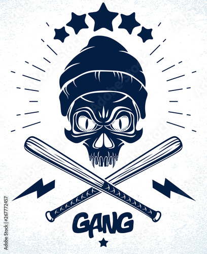 Gangster emblem logo or tattoo with aggressive skull baseball bats design elements, vector, criminal ghetto vintage style, gangster anarchy or mafia theme.