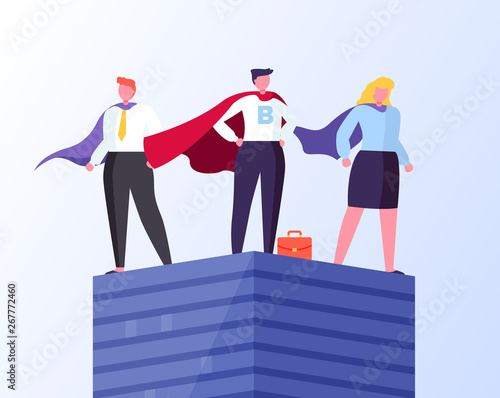 Heroes in business vector, man and woman wearing formal suit and cloaks flat style. Businessman and businesswoman standing on tall pedestal isolated