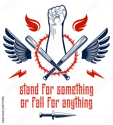 Anarchy and Chaos aggressive emblem or logo with strong clenched fist, weapons and different design elements , vector vintage style tattoo, rebel rioter partisan and revolutionary.