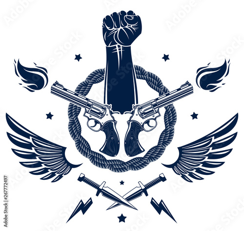 Revolution and Riot aggressive emblem or logo with strong clenched fist, weapons and different design elements , vector tattoo, anarchy and chaos, rebel partisan and revolutionary.