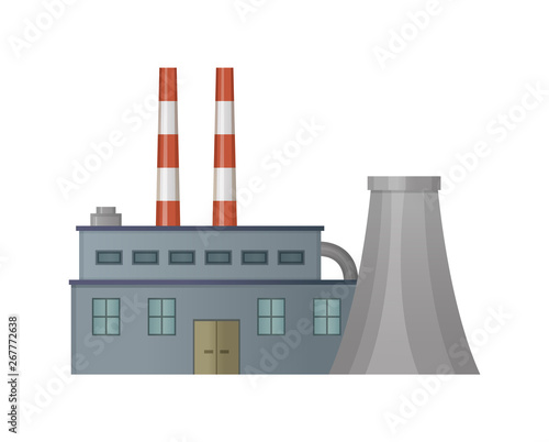 Empty buildings of factory vector, industrial business enterprise exterior isolated flat style. Plant harmful for ecology of planet, gas emission