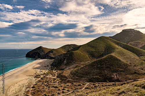 High angle view of famous beach Playa de los Muertos in Cabo de Gata natural park, on the Mediterranean coast of  Spain. photo