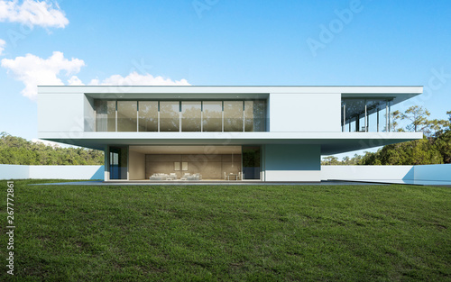 Perspective of modern luxury house with swimming pool and lawn yard in day time, Idea of minimal architecture design. 3D rendering 