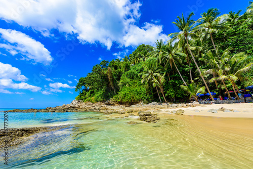 Surin beach, Paradise beach with golden sand, crystal water and palm trees, Patong area on Phuket Island, Tropical travel destination, Thailand