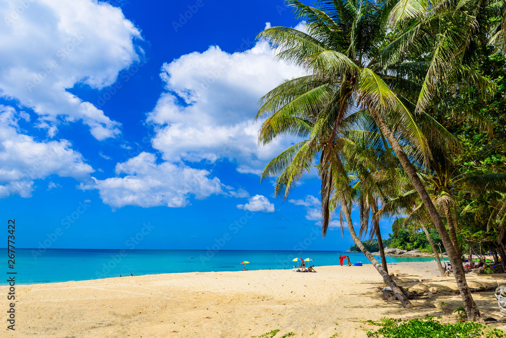 Naklejka premium Surin beach, Paradise beach with golden sand, crystal water and palm trees, Patong area on Phuket Island, Tropical travel destination, Thailand