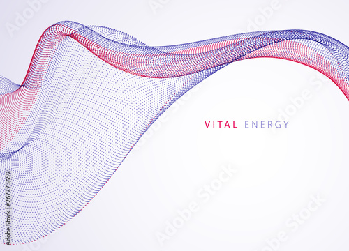 Sound wave, particles flow, effect in motion. dynamic vector abstract background. 3d shape dots blended mesh, future technology relaxing wallpaper.