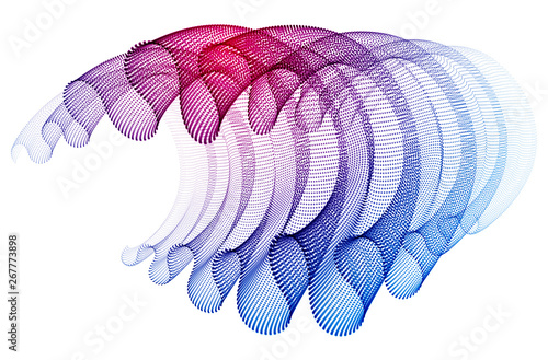 Dynamic particles sound wave flowing, transparent tulle textile on wind. Dotted curves vector abstract background. Beautiful 3d wave shaped array of blended points.